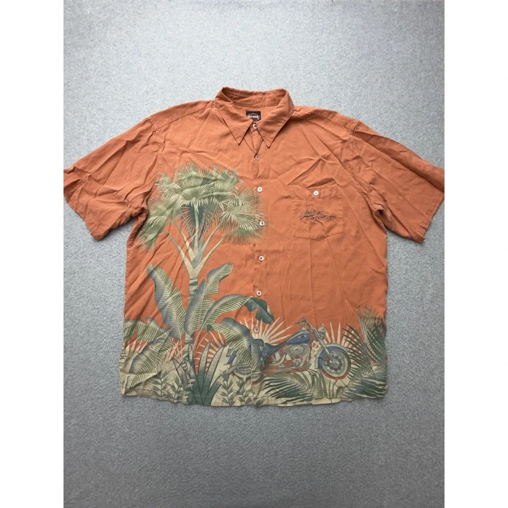 Harley-Davidson Shirt Mens‎ 2XL Orange Silk Hawaiian Motorcycle Tori Richard